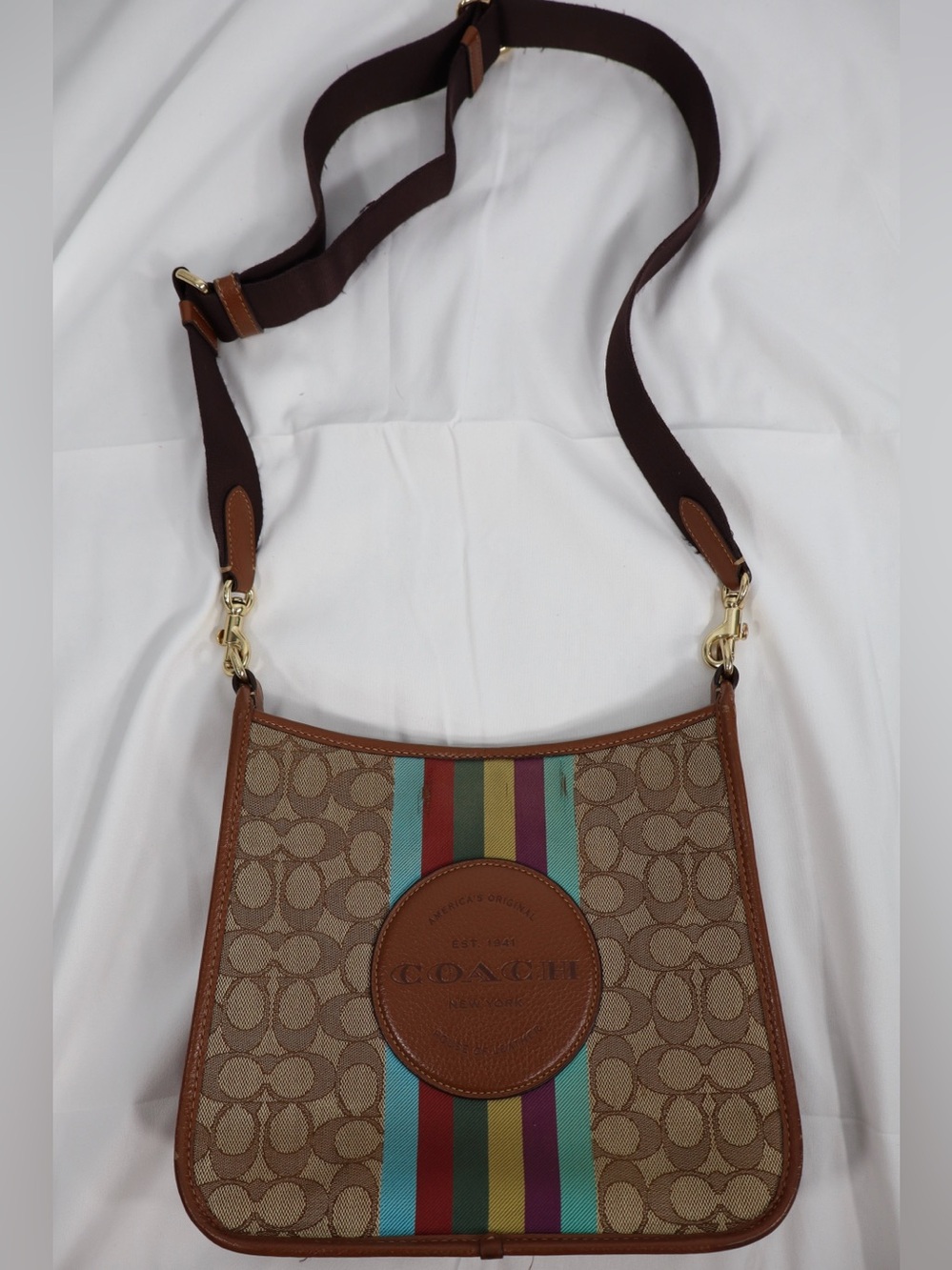 Coach Dempsey File Bag In Signature Jacquard With Varsity Stripe Crossbody Beige - Picture 8 of 9